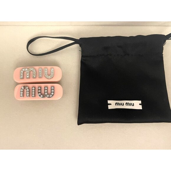 Miu Miu Crystal Embellished Pink Hair Clips Made In Italy With Satin Pouch - Picture 3 of 5